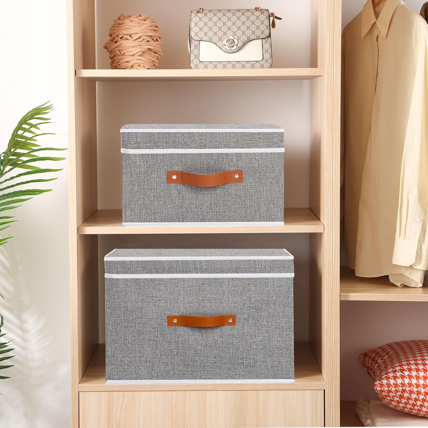 Collapsible Storage Bins with Lids, Linen Foldable Cloth Baskets, 17.7 x 11.8 x 11.8 Inch Closet Organizer Containers with Double Handles, Sweater Boxes for Bedroom, Grey, 1 Pack