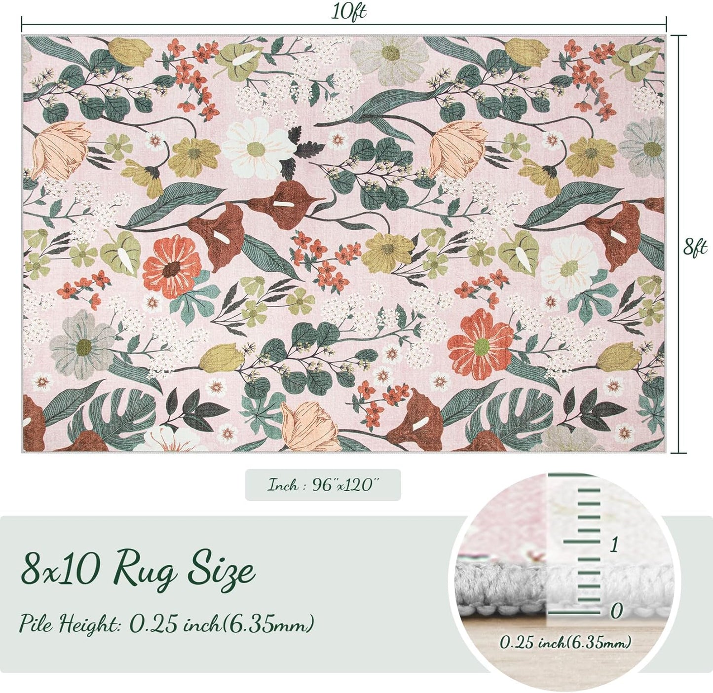8x10 Area Rug for Living Room: Vintage Floral Washable Rug Soft Boho Non Slip Carpet Large Indoor Floor Non Shedding Low Pile Thin Carpets for Bedroom Dining Room Farmhouse Nursery Home Light Pink