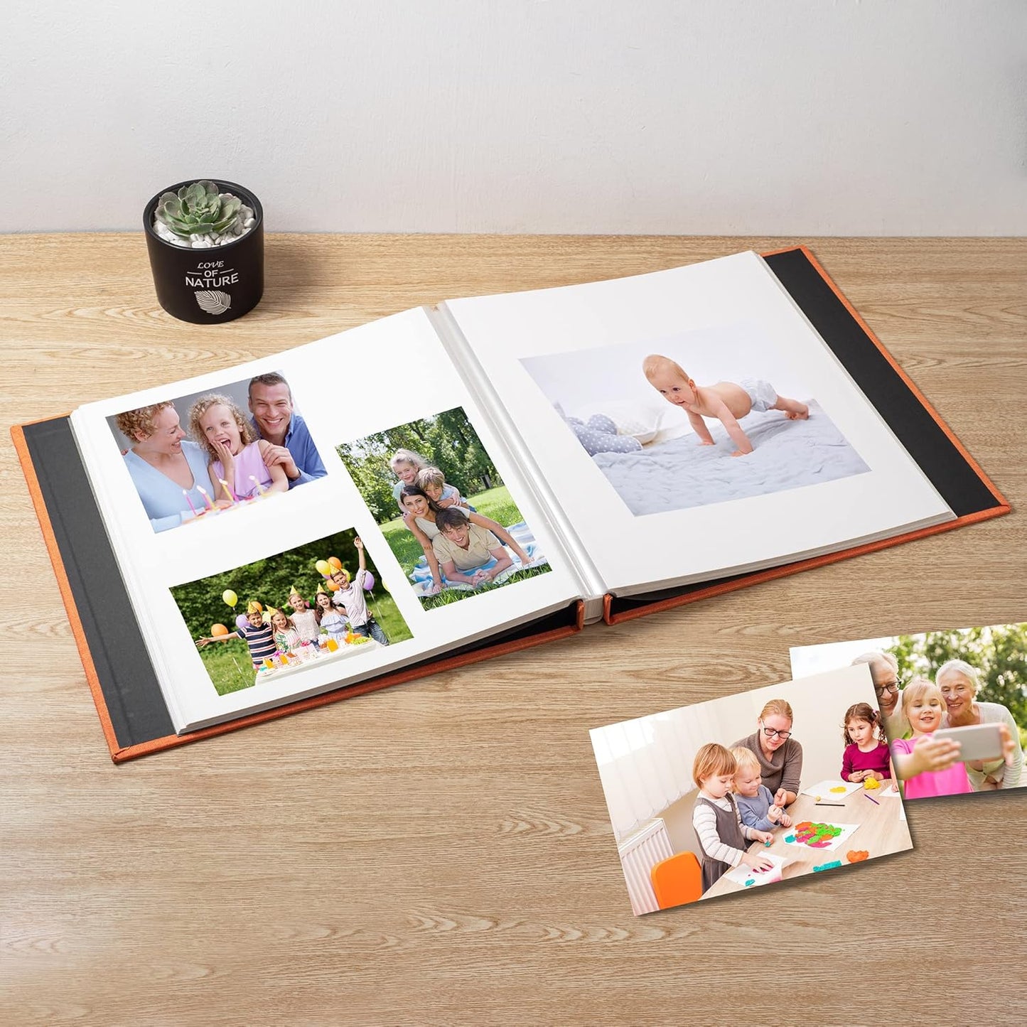 Large Photo Album Self Adhesive Scrapbook Album for 4×6 5×7 8×10 Pictures DIY Magnetic Linen Cover Album 40 Pages for Family Wedding Gifts with Metal Pen and Plastic Board Orange