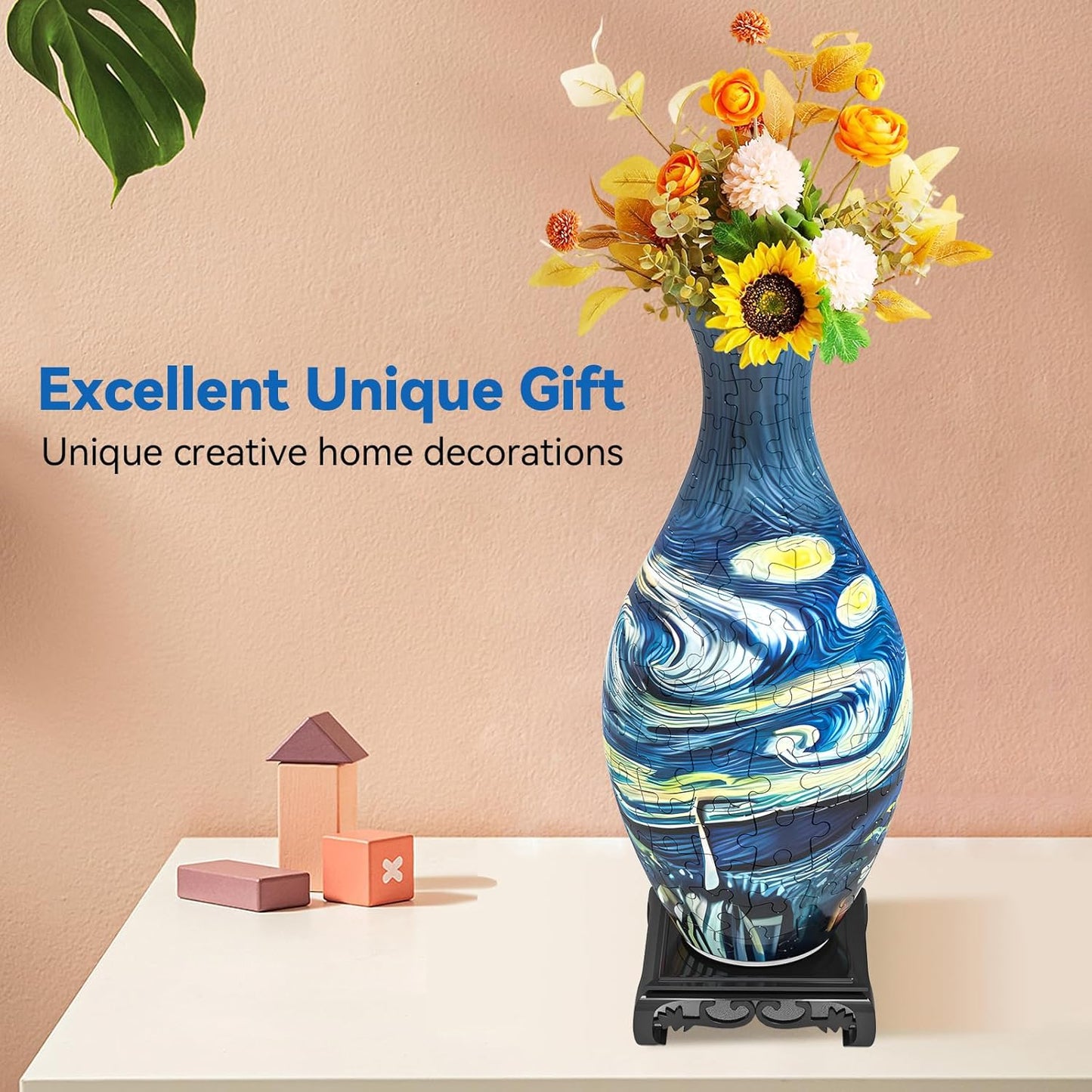 3D Puzzles Vase for Adults, Crafts for Adults, 160 Pieces Plastic DIY Unique Flower Vase with LED Light House Warming Gift Birthday Gifts for Flower Arrangements and Home Decor (Blue)