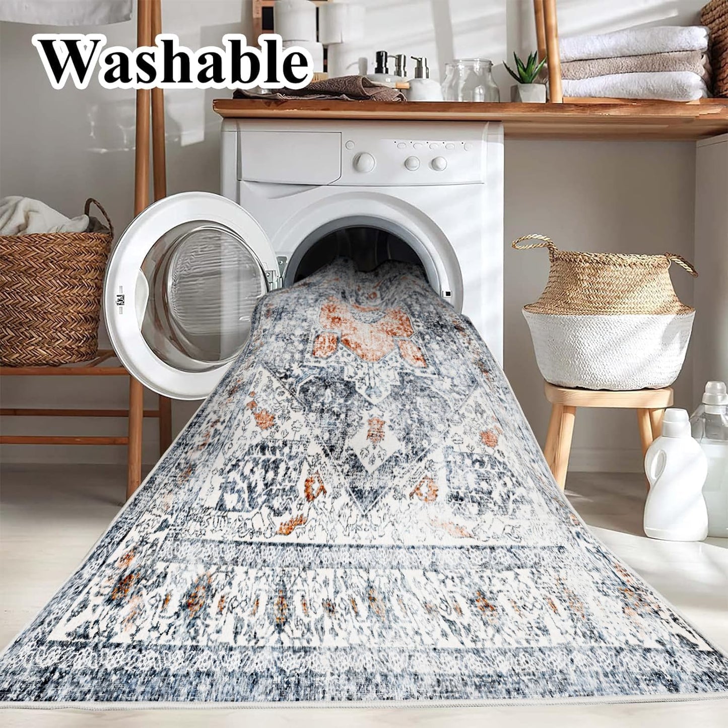 Area Rug 8x10 Washable Rug Orange Gray Vintage Traditional Mat Distressed Indoor Foldable Thin Retro Accent Floral Print Non Slip Carpet Living Room Dining Room Office