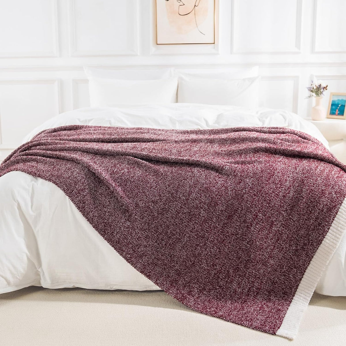 NEXHOME PRO Soft Twin Blankets for Couch, Reversible Warm Blankets Cozy Knit Blanket for Women, Fuzzy Plush Lightweight Throws for Sofa, Bed, Picnic, Wine 60 x 80 inches