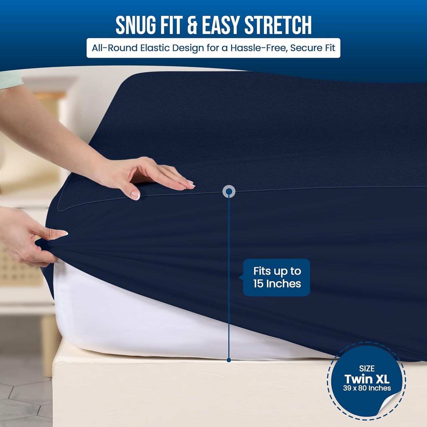 Utopia Bedding Waterproof Mattress Protector Twin XL Size, Premium Terry Mattress Cover 200 GSM, Breathable, Fitted Style with Stretchable Pockets (Navy)