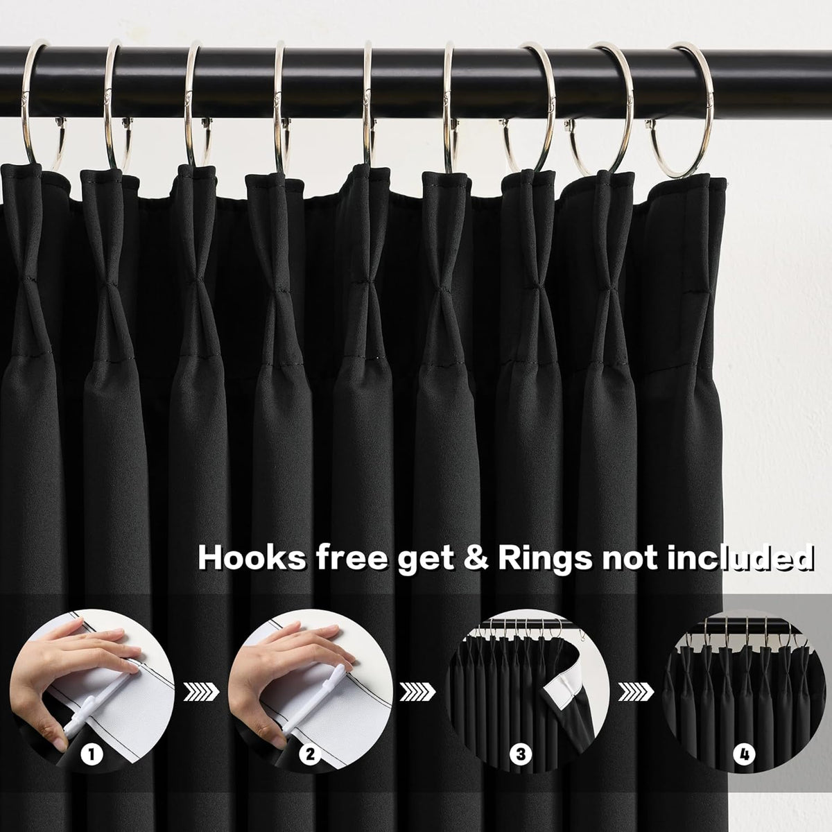 KEQIAOSUOCAI Black Curtains Blackout 108 Inches Long, Luxury Faux Silk Polyester Pinch Pleated Thermal Insulated Black Out Curtains with Hooks for Living Room Bedroom Home Office 40x108