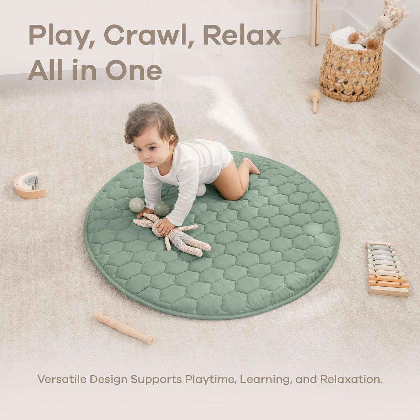 Comfy Cubs Round Kids Play Mat -Small 36 inches Soft Quilted Baby Floor Mat with Non-Slip Bottom - Plush Design for Toddlers' Playtime and Relaxation - Comfortable and Durable - Fern