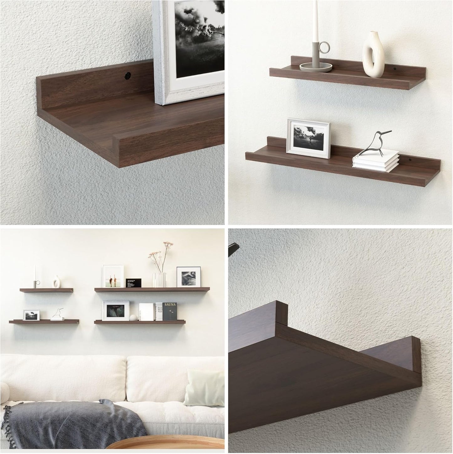 55.1 Inches Long Floating Shelves, 2 Set Rustic Wall Shelf for Bedroom, Nursery Book Shelf with Lip, Picture Ledge Shelf for Living Room, Bathroom, Kitchen - Walnut