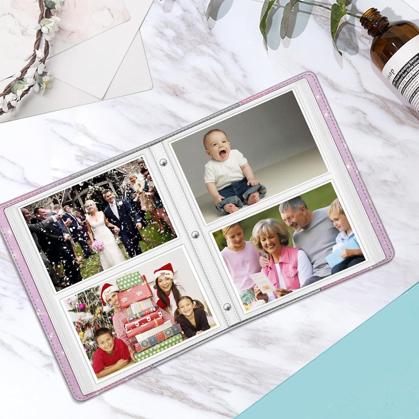 Fintie Photo Album for 4x6 Photos - 112 Pockets Vegan Leather Cover Memory Albums Book for Birthday Family Anniversary Vacation Pictures, Glittering Purple/Pink