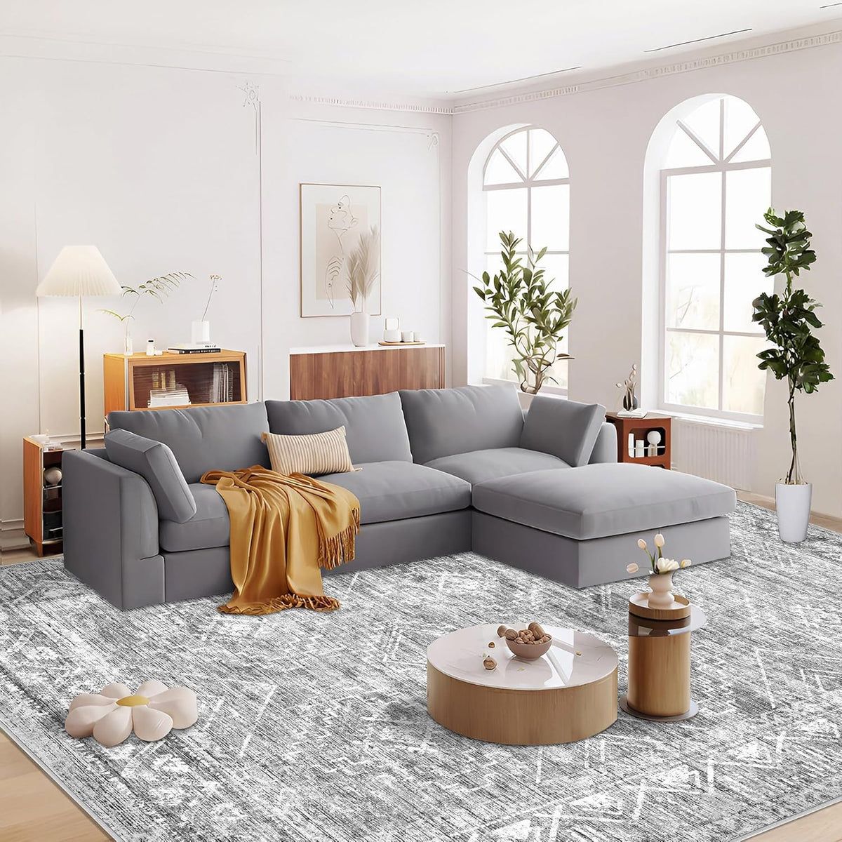 Large Living Room Area Rug 8x10 - Machine Washable Vintage Boho Moroccan Rugs Geometric Neutral Rug Non-Shedding Low Pile Distressed Farmhouse Carpet for Bedroom Nursery Classroom Dorm (8 x 10, Grey)