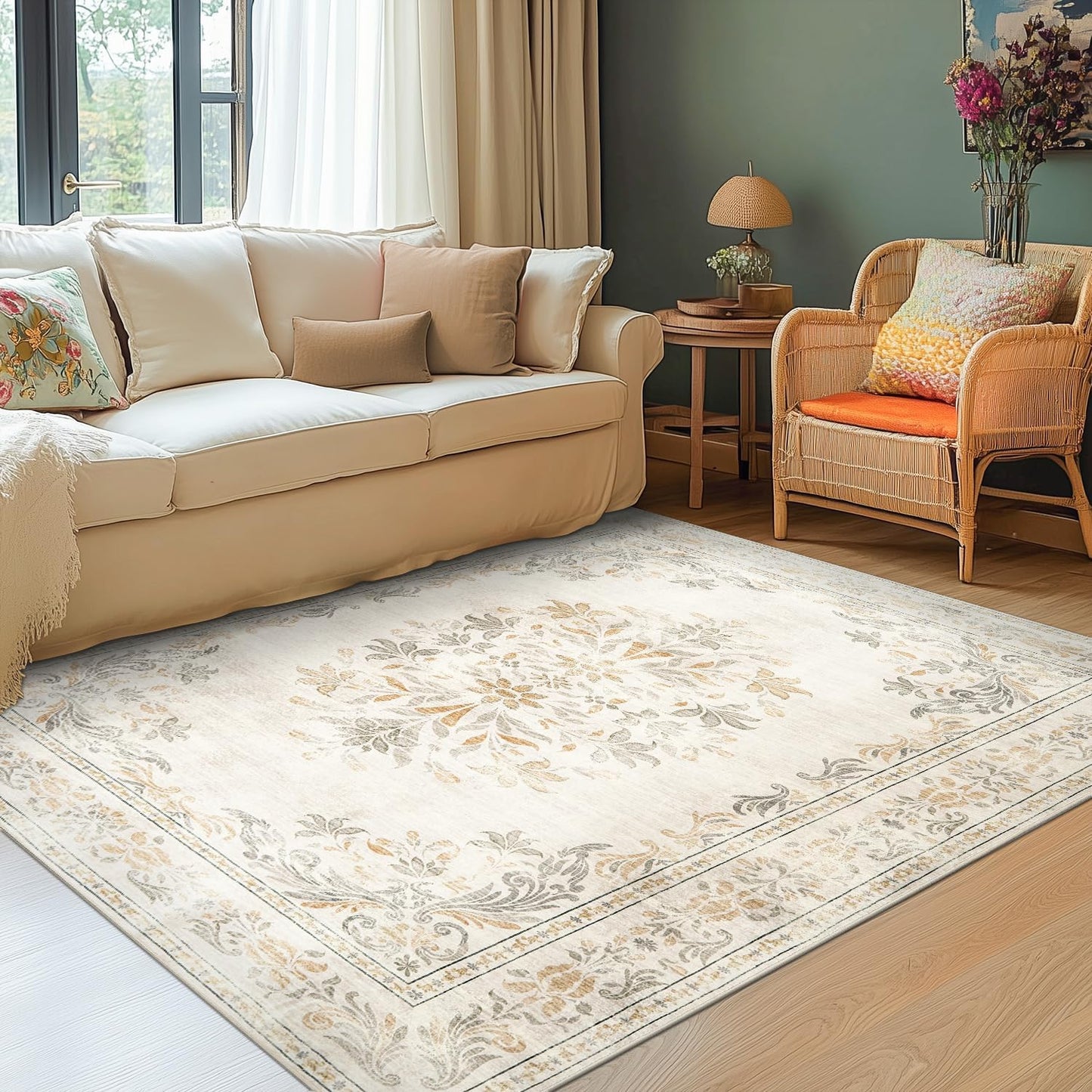 jinchan Vintage Floral 5x7 Area Rugs - Machine Washable Distressed Design Soft Ultra-Thin Low-Pile Non-Slip Carpet for Kitchen Bedroom Nursery Living Room Dining Room Home Office (5x7ft,Light Grey)