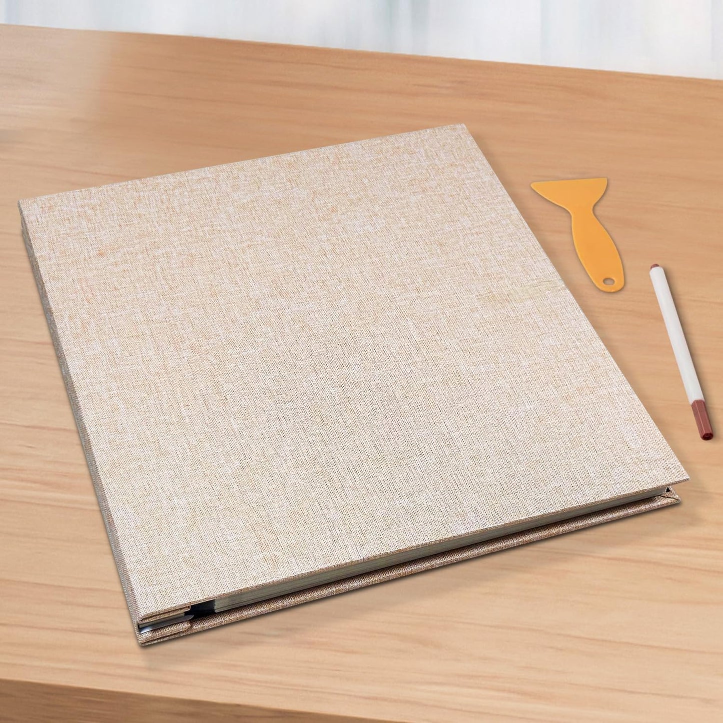 Large Photo Album Self Adhesive Scrapbook Album for 4×6 5×7 8×10 Pictures DIY Magnetic Linen Cover Album 60 Pages for Family Wedding Gifts with Metal Pen and Plastic Board