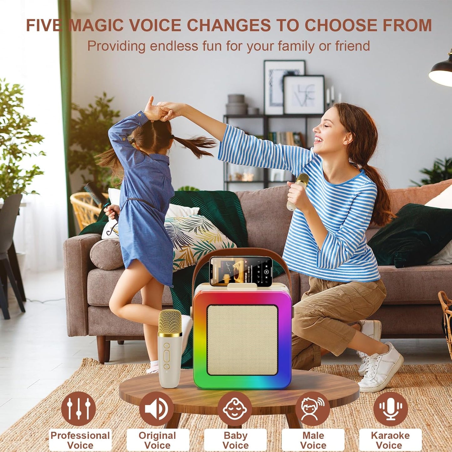 Karaoke Machine for Kids Adults, Portable Bluetooth Karaoke Speaker with 2 Wireless Microphones, Karaoke System with Mics Storage Hole and Lights, Birthday Gifts for Girls Boys Family Home Party