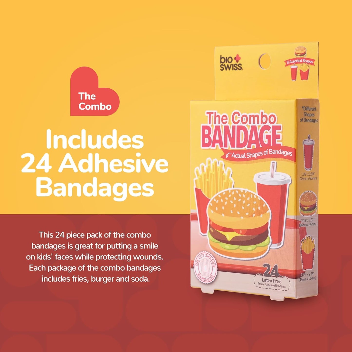 BioSwiss Bandages, Combo Meal Shaped Self Adhesive Bandage, Latex Free Sterile Wound Care, Fun First Aid Kit Supplies for Kids, 24 Count