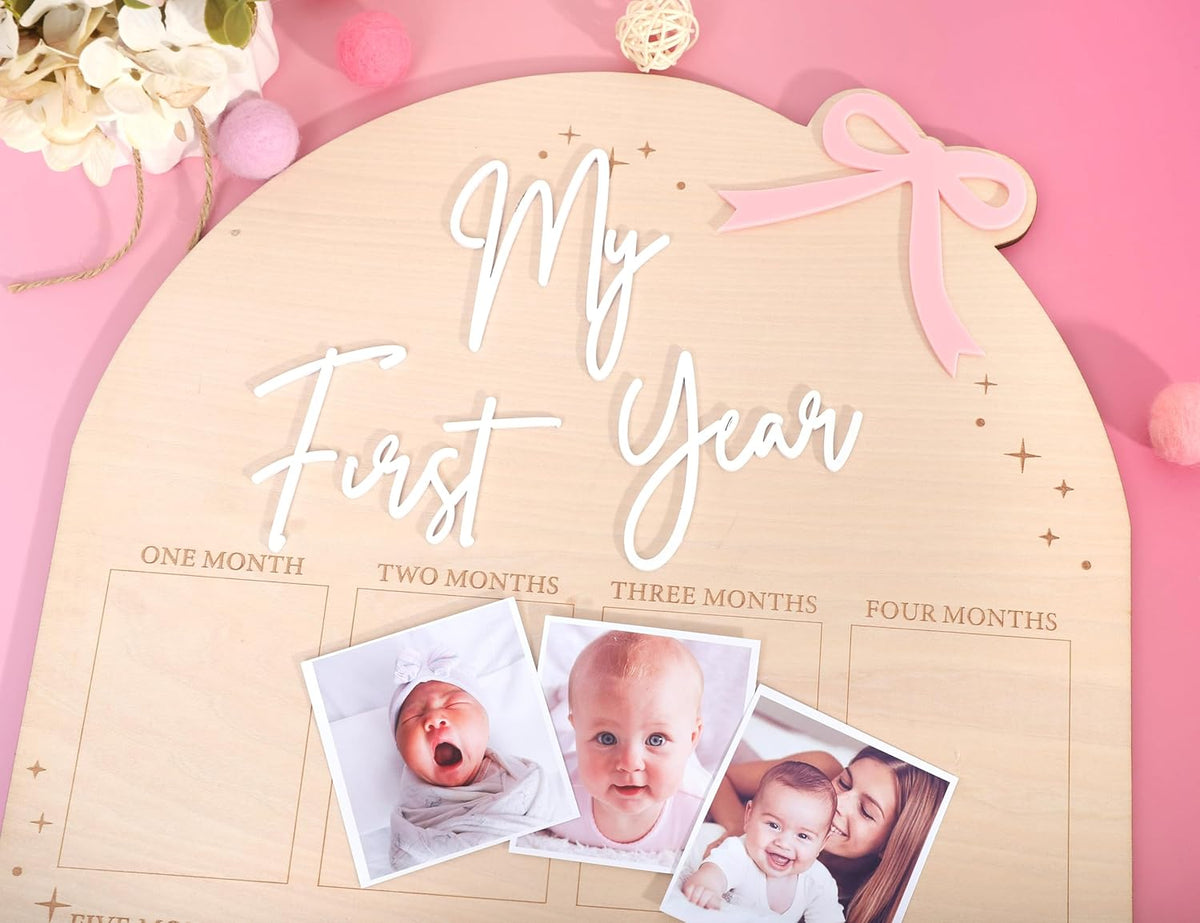 WAUAO Bow My First Year Birthday Board - One Year Of Photo Board,Monthly Milestone Wood Photo Board,First Birthday Decorations Girl,12 Months Photo Banner
