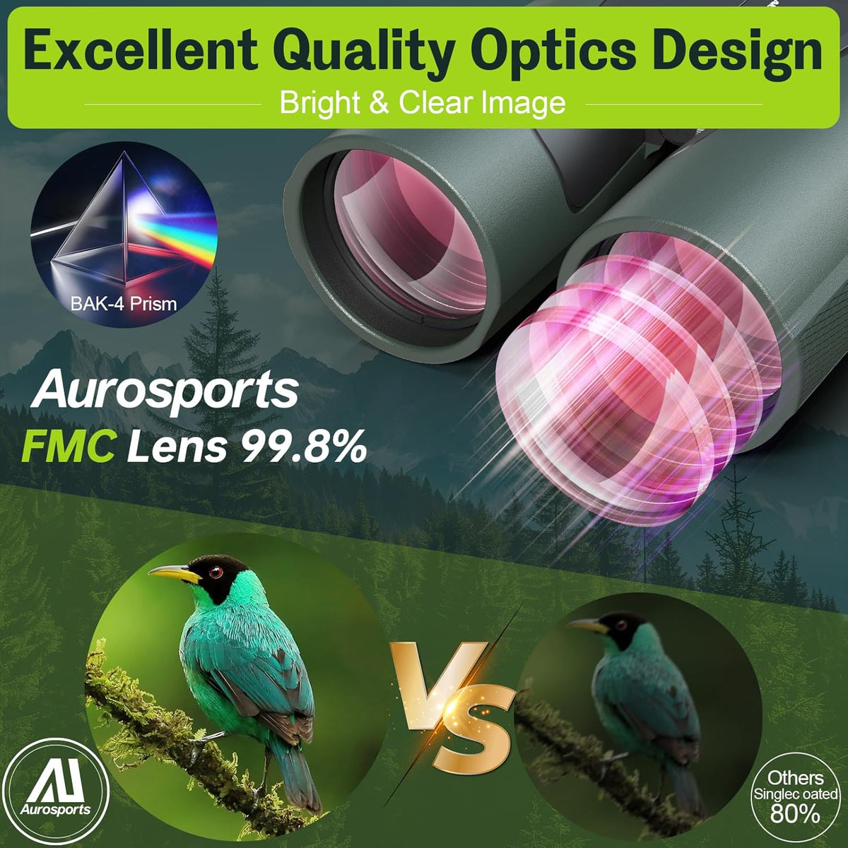 15x56 Binoculars for Adults High Powered - Aurosports HD Large View Binoculars with Clear Low Light Vision - Lightweight Easy Focus Bird Watching Hunting Hiking Cruise Travel - Green