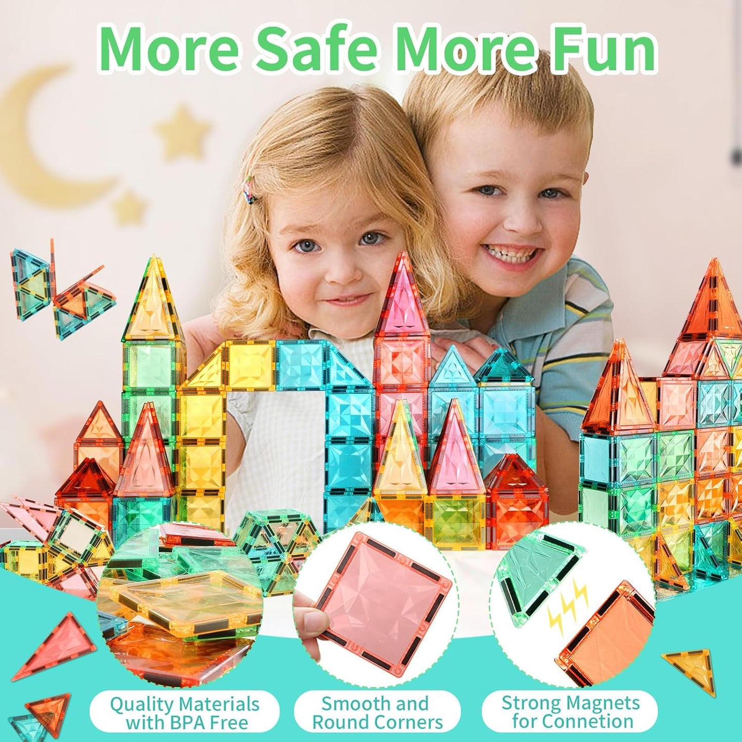 Magnetic Tiles,Magnet Building Blocks Construction Stacking Educational Toy Creative Playboard for Kids Ages 3+ (60 Pieces)