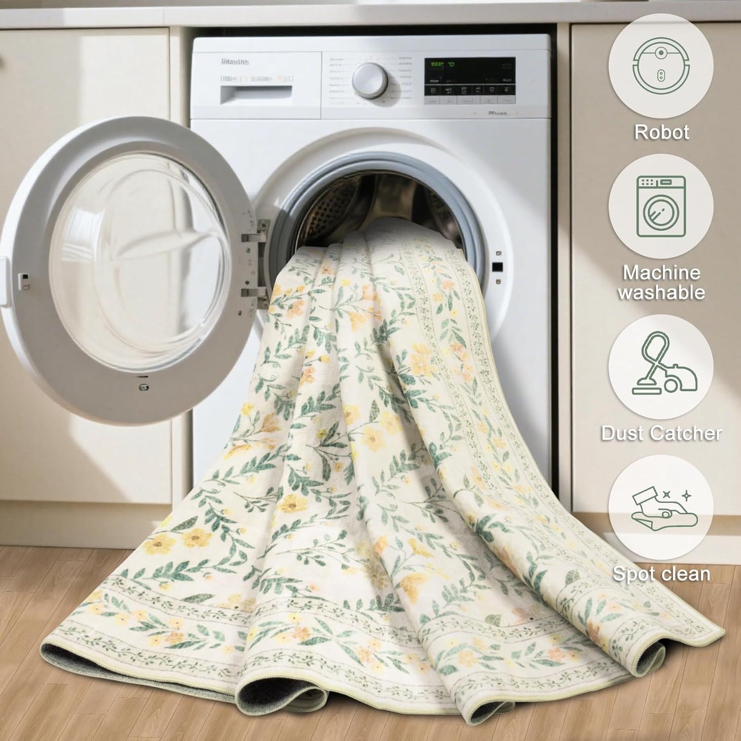 10x12 Area Rugs for Living Room: Floral Washable Rug Vintage Large Soft Boho Non-Slip Carpet Stain Resistant Low Pile Carpets for Bedroom Dining Room Farmhouse Nursery Hallway Home Office Beige/Multi