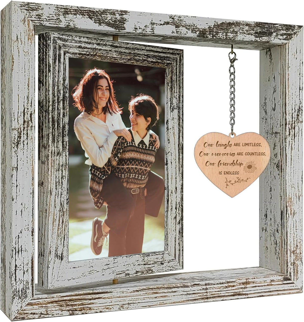 Friendship Picture Frame – Best Friend Frame Gifts for Women – Wooden 4x6 Photo Frame Holds 2 Photos – Rotating Vintage Design with Real Glass – “Our Friendship is Endless” Quote – Gift Box Included