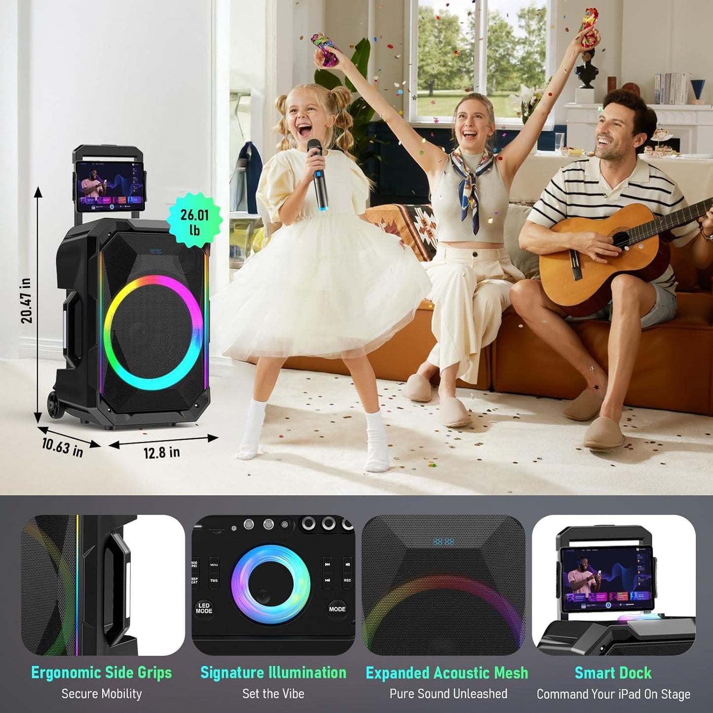Portable Karaoke Machine for Adults, 12" Big Bluetooth Party Speaker with 2 Wireless Mics for Adults & Kids, 300W Peak Power,Karaoke Microphone with PA System Supports USB/TF/REC/FM/AUX