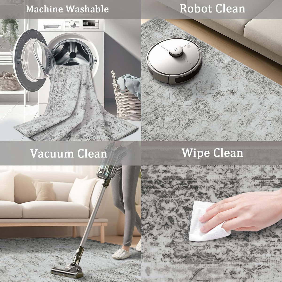 9x12 Area Rug Living Room Rugs - Washable Rug Large Modern Abstract Soft Thin Carpets Indoor Floor No Slip Vintage Carpet for Bedroom Under Dining Table Nursery Home Office Decor Gray
