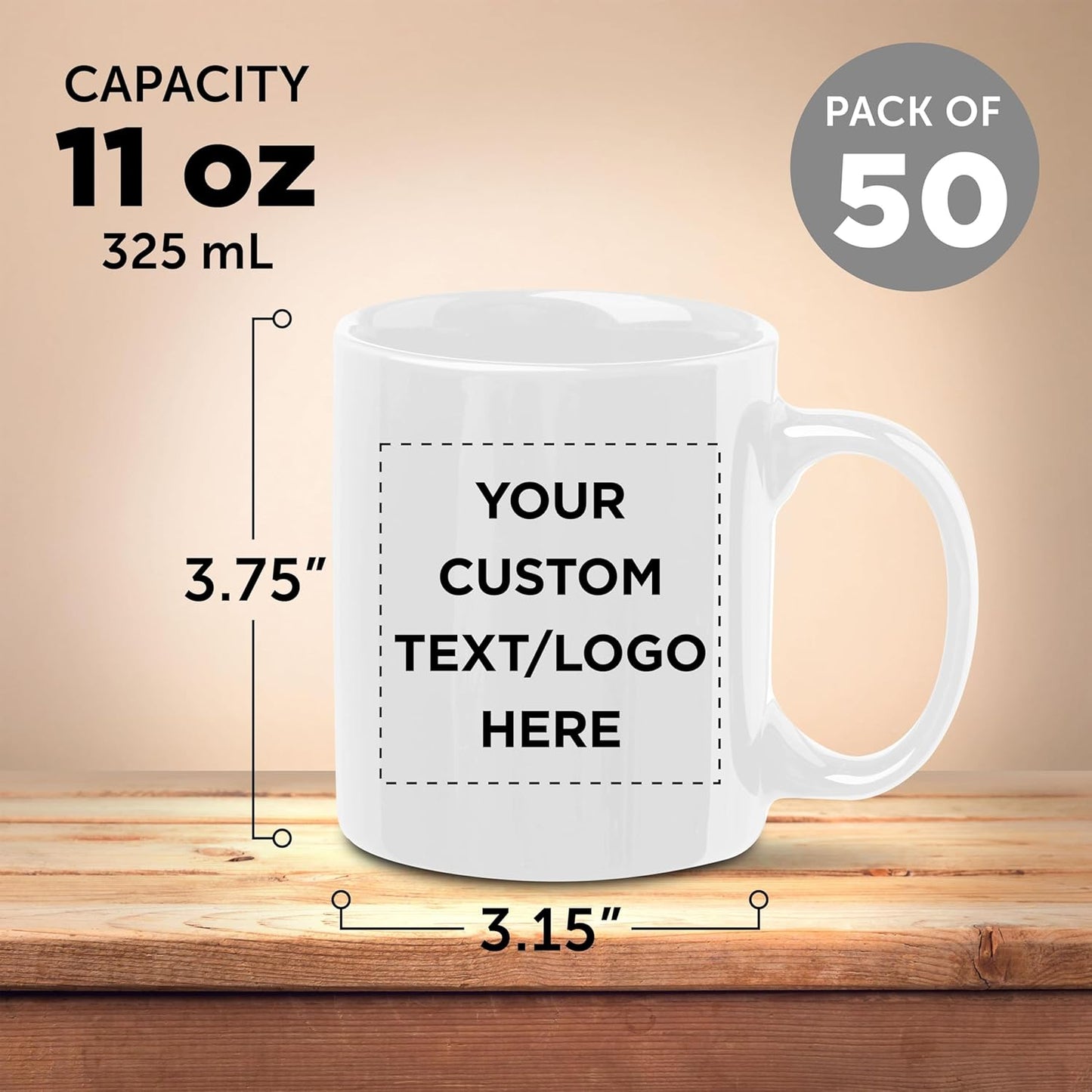 Custom Ceramic Coffee Mugs 11 oz. Set of 50, Personalized Bulk Pack - Coffee cup set, Iced coffee cup, Gaming mug - White