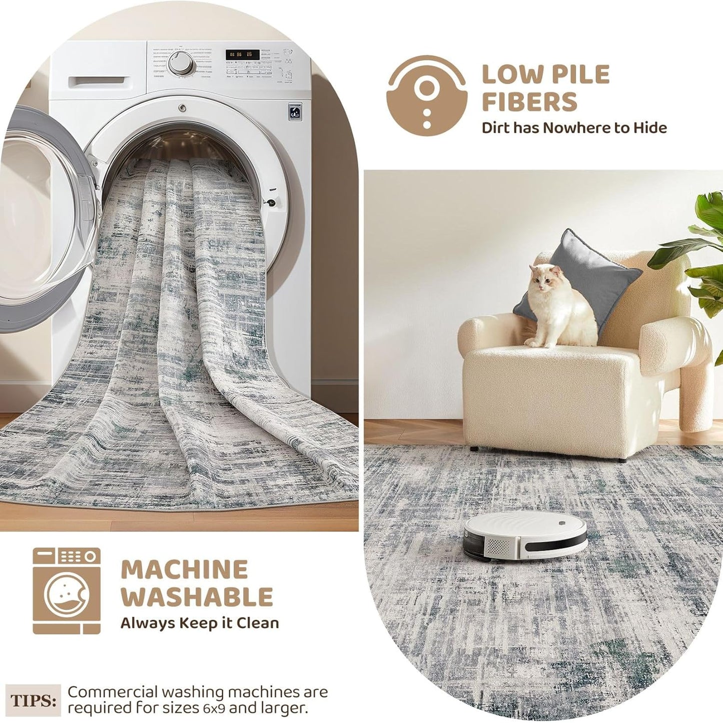 Area Rug for Living Room: 6x9 Washable Neutral Abstract Modern Soft Rugs Non Slip Indoor Floor Stain Resistant Large Carpet for Bedroom Dining Room Office Nursery - Gray