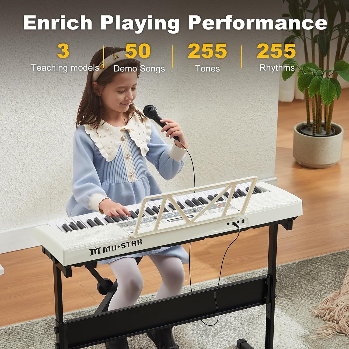 61 Key Piano Keyboard, Electric Keyboard Piano with Light-Up Keys, 255 Tones/Rhythms, Smart Learning System, Headphone, Microphone, Keyboard Stand, Stool, Stickers, Piano Keyboard Set for Beginners