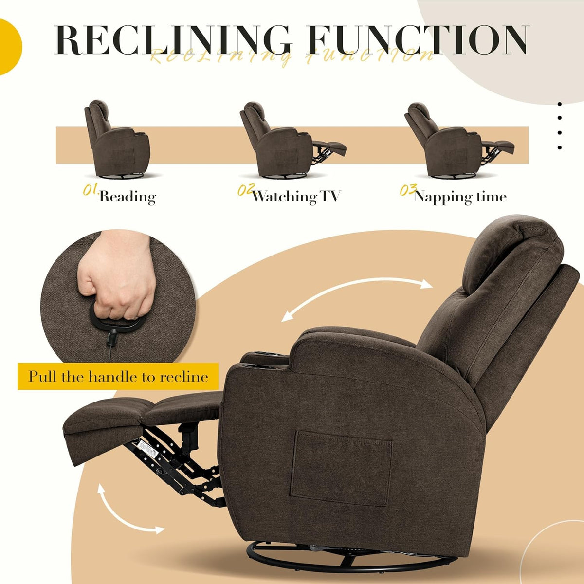Recliner Chair, 360° Swivel Rocker Chair for Adults, Rocking Recliner Chair with Massage, Comfy Single Sofa with Side Pockets Cup Holders for Living Room, Bedroom, Nursery (Fabric, Brown)