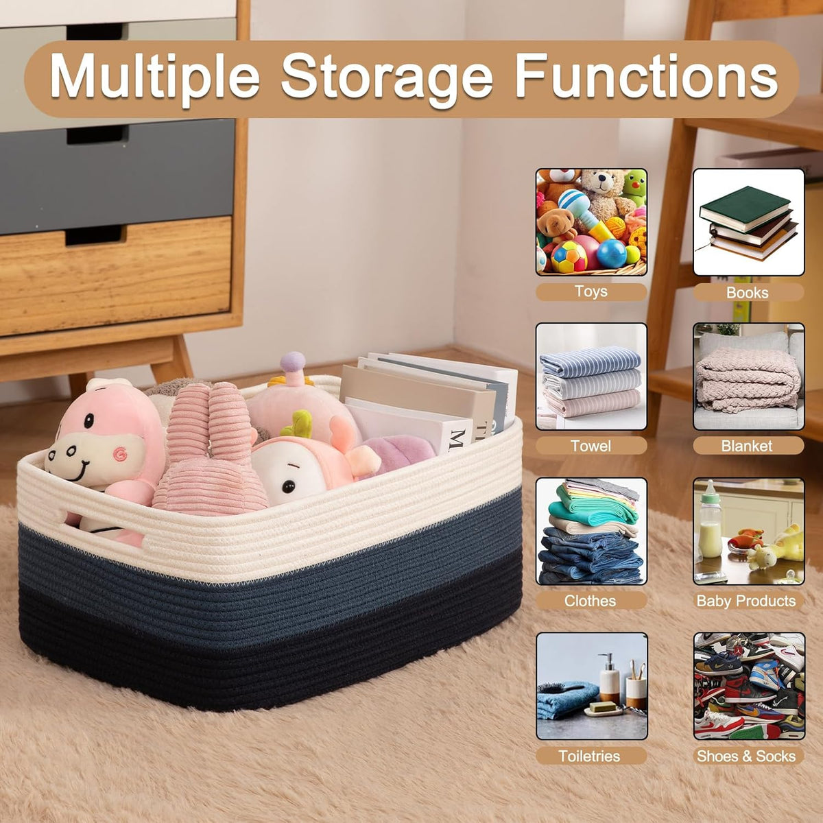 Large Storage Basket for Organizing, Woven Rope Basket for Shelves, Closet Organizer Bins for Clothes, Blanket, Toys, Baby Nursery Storage, 17.7" x 13" x 7.87", 2 Packs Gradient Blue