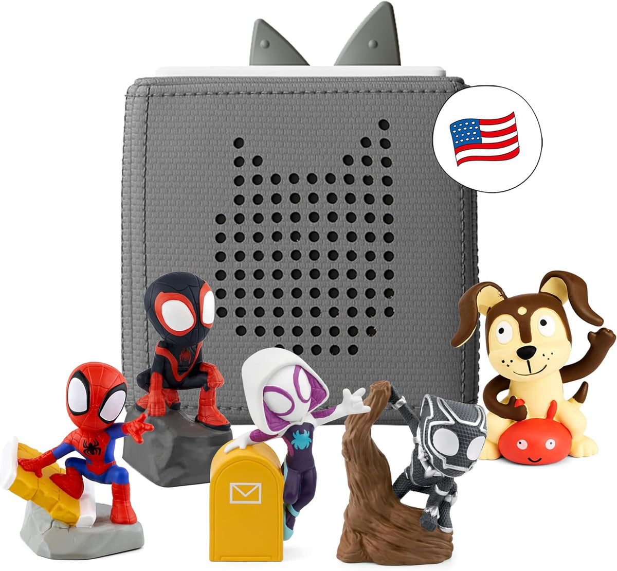 Toniebox Audio Player Starter Set with Spidey, Ghost-Spider, Spin, Black Panther, and Playtime Puppy - Listen, Learn, and Play with One Huggable Little Box - Gray