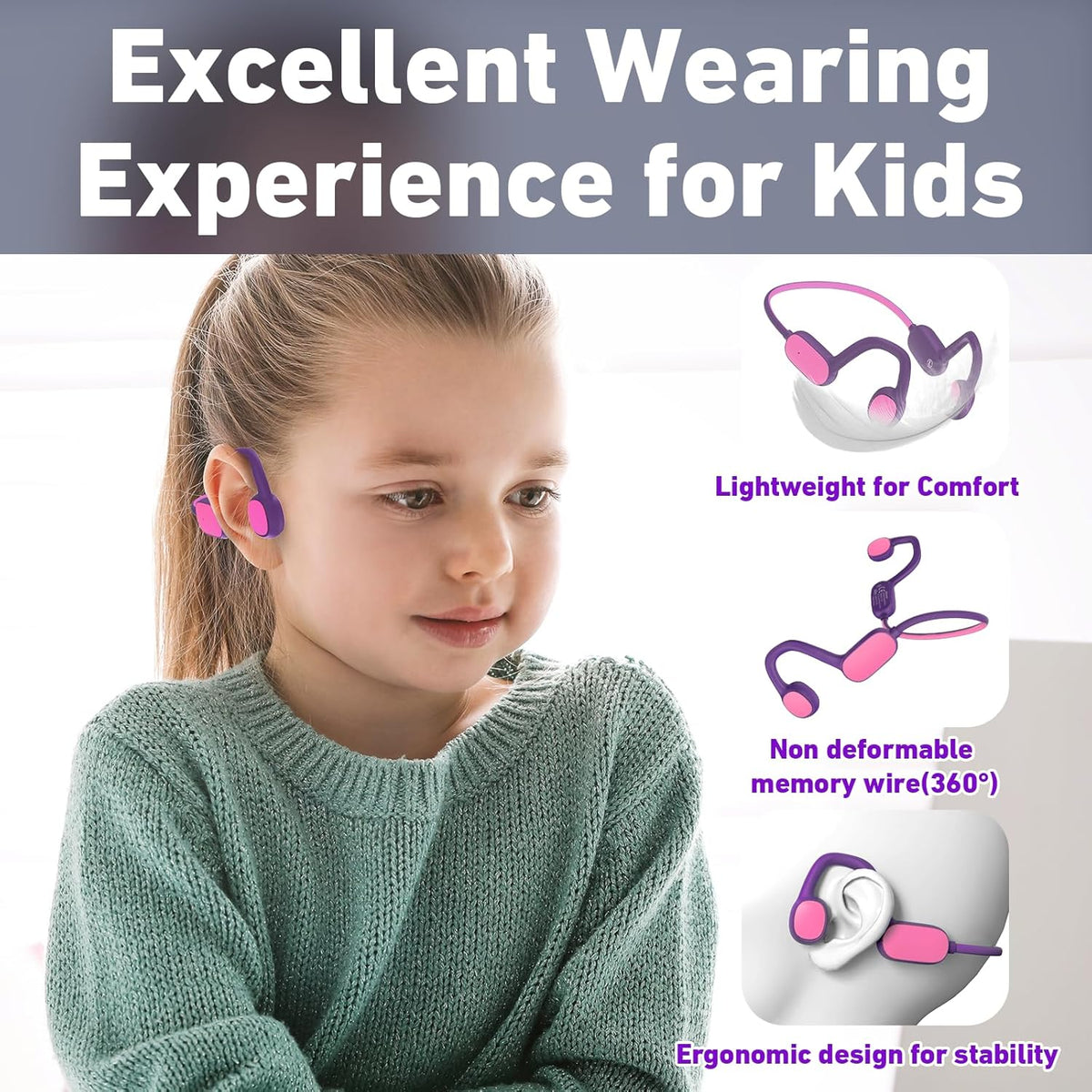 Kids Headphones, Bluetooth 5.2 Air Conduction Open Ear Headphones, 85dB Volume Limiting, Stereo Sound with Mic, IPX5 Waterproof, 20H Playtime, Perfect for School and Outdoor Activities-Purple
