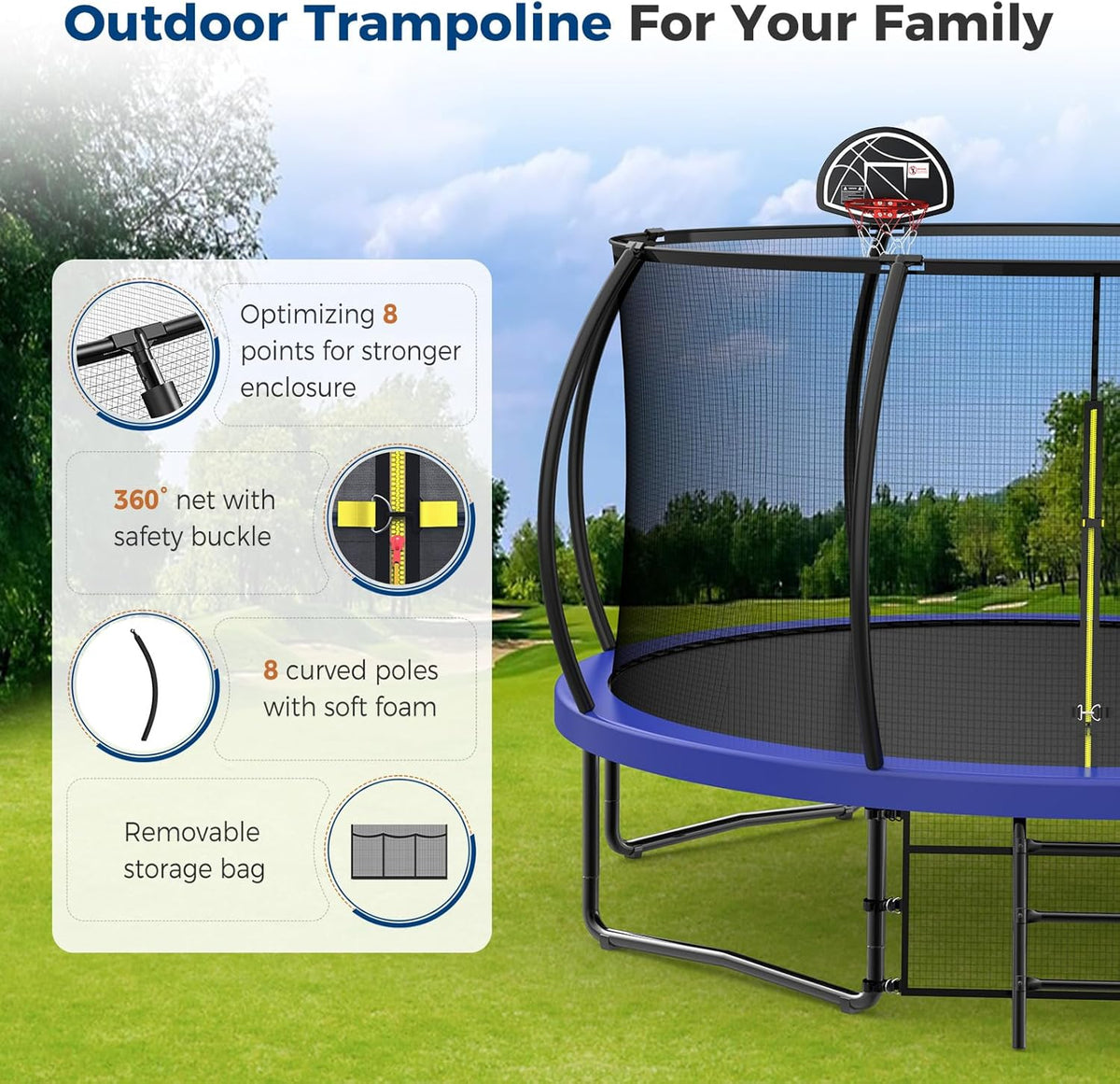 Tatub Large Trampolines Outdoor 10 12 14 15 16FT for Kids and Adults,Outdoor Recreational Pumpkin Trampolines with Curved Poles and Safety Enclosure Net, Basketball Hoop, Ladder