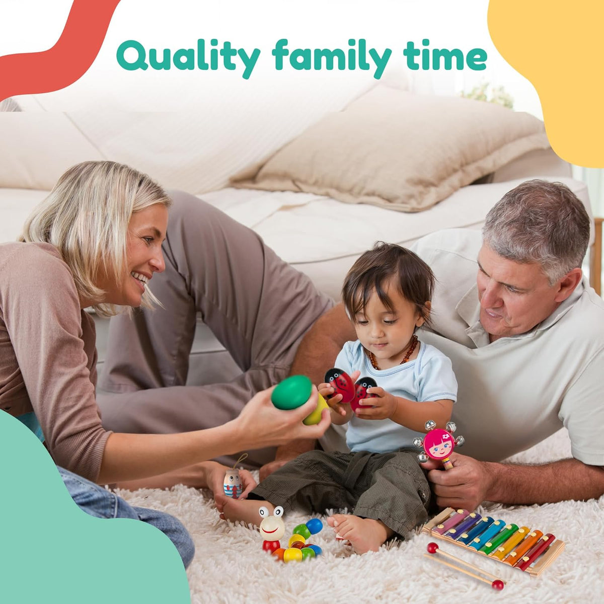 Stoie's Wooden Kids Musical Instruments for 1-5 Years Old, Baby Percussion Toys with Xylophone, Maracas, Tambourine, Durable, Safe to Play, Clear Loud Sound, Bright Rainbow Colors, Storage Backpack