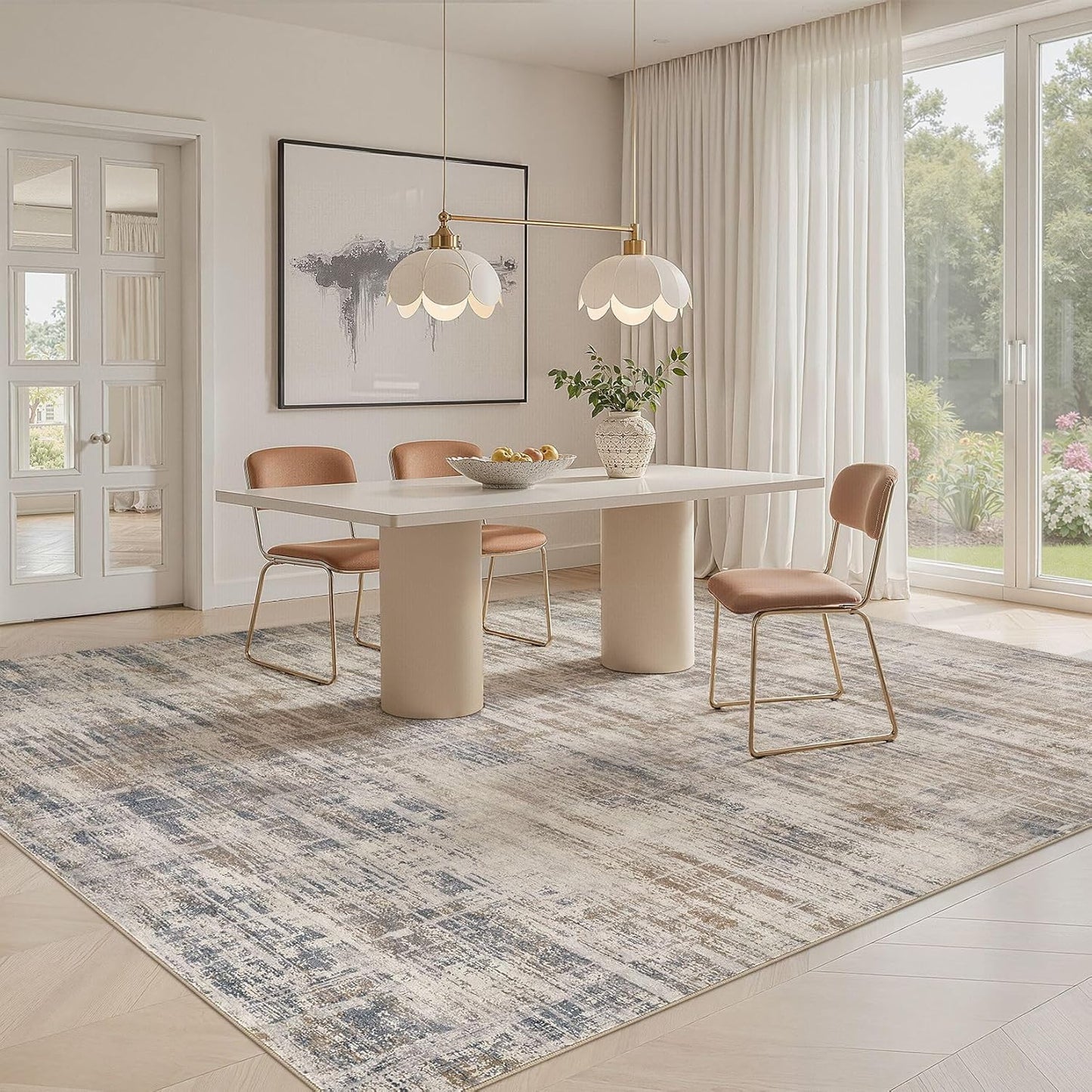 Area Rug for Living Room: 7x9 Washable Neutral Abstract Modern Soft Rugs Non Slip Indoor Floor Stain Resistant Large Carpet for Bedroom Dining Room Office Nursery - Brown
