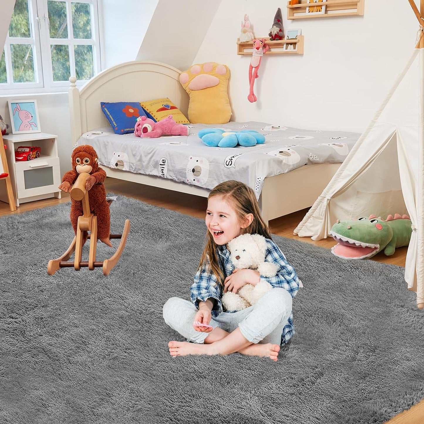 Ultra Soft Rug for Living Room, 4X6 Fluffy Shag Area Rug for Bedroom, Modern Shaggy Carpets Fuzzy Rug for Teens Dorm Nursery Home Decor Aesthetic, Upgrade Anti-Skid Durable, Grey