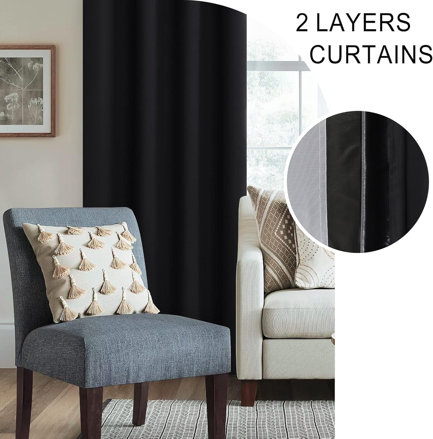 XWZO 100% Blackout Curtain Panels - Extra Wide Thermal Insulated Black Liner, Noise Reducing and Heat Blocking Rod Pocket Drapes for Hall and Studio Windows with Tiebacks, Black, W70 x L63, Set of 2