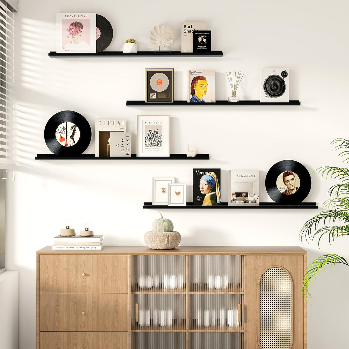 Picture Ledge Shelf for Wall, Floating Shelves Set of 4, 48 Inch Long Nursery Book Shelves for Toys Storage, Kids Bookshelf Wall Mounted for Books Photo Frames, Black