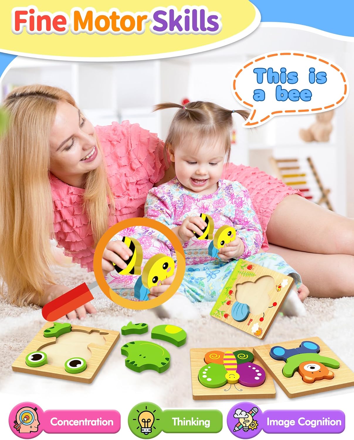 Bekayshad Wooden Puzzles Toddler Toys Gifts for 1 2 3 Year Old Boys Girls, 12 Pack Animal Jigsaw Puzzles Montessori Toys, Learning Educational Birthday Gifts for Girls Boys Ages 1-3
