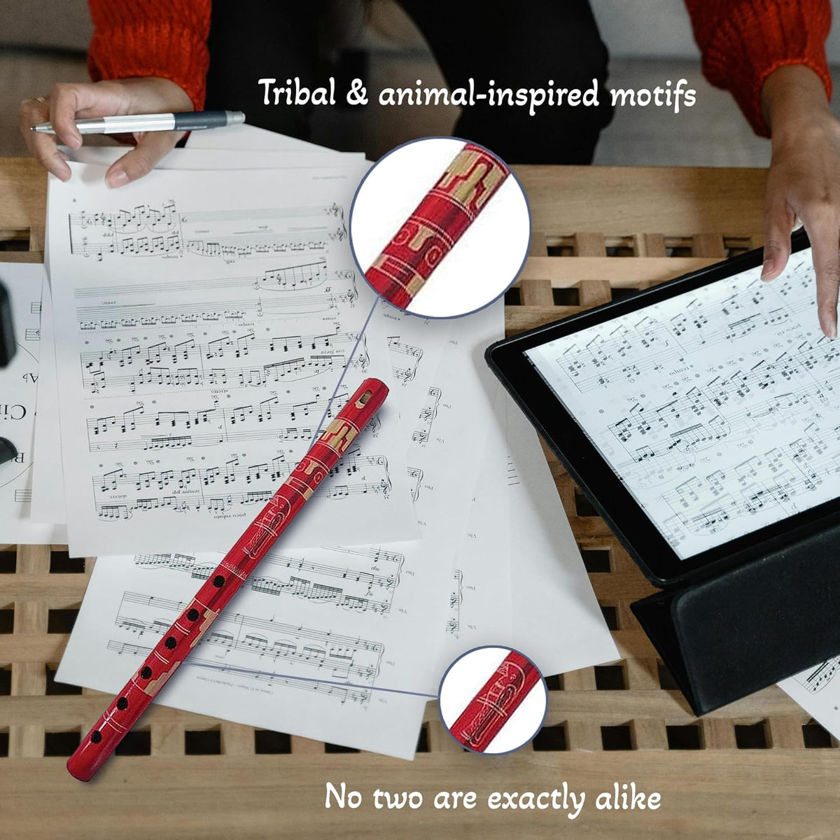 Mia Jewel Shop - Handmade Colored Bamboo Wooden Flute | Tribal Nature Pattern | Native Recorder for Beginners, Meditation & Music Lovers (Red)