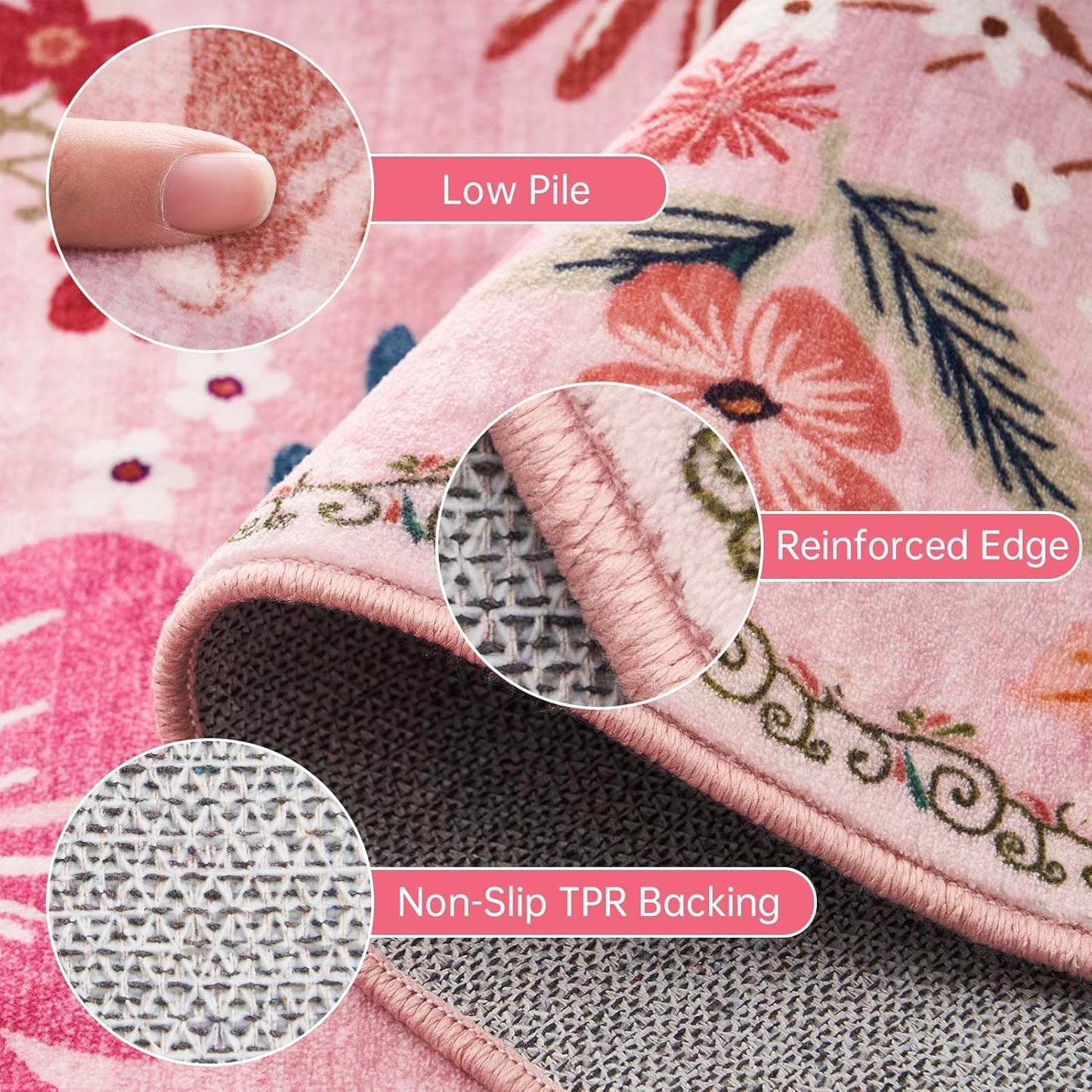 5x8 Area Rug for Nursery Girl Pink Floral Boho Cute Washable Soft Low Pile Non Slip Rugs Vintage Sound Absorbing Stain Resistant Big Carpet Rug for Bedroom Playroom Spring Living Room Dining Room