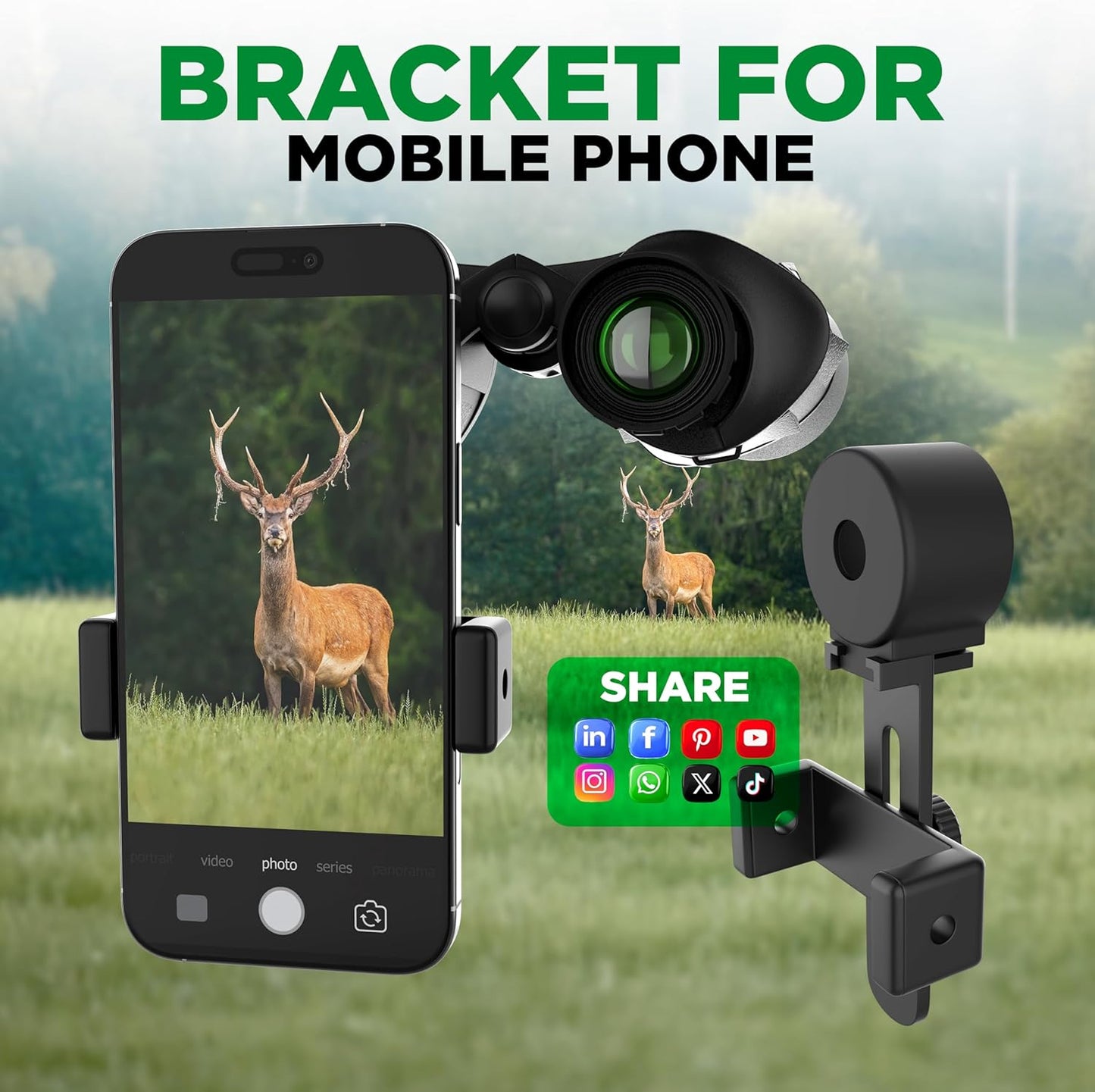 Binoculars with Smart Phone Bracket Adapter, Militar, 20x50, Adults, Bird Watching, High Power Waterproof with Low Light Night Vision for Hunting, Travel, Games, Carrying Case Strap.