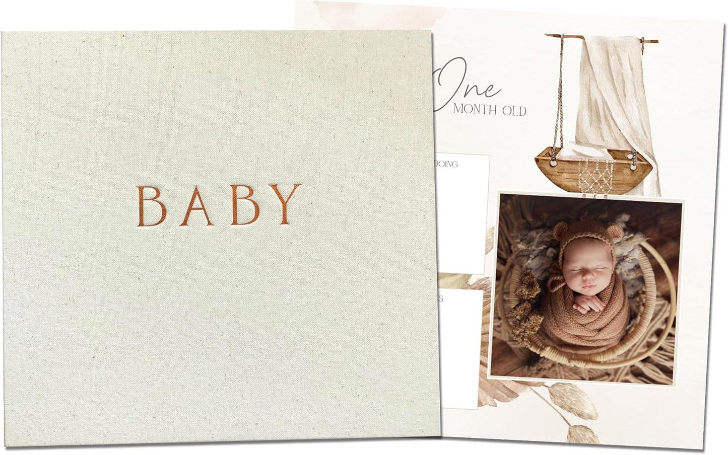 Peachly Unisex Baby Memory Book, Minimalist Baby First Year Keepsake for Milestones, Simple Baby Scrapbook for Boy Girl Milestones, Natural Linen (Haven)