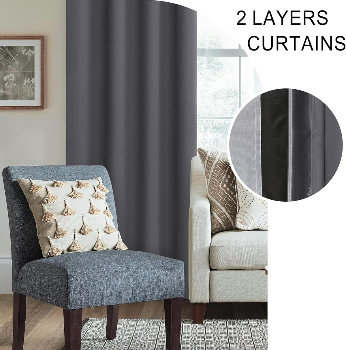 XWZO 100% Blackout Curtains 54 Inches Long with Tiebacks- Privacy Protection & Noise Blocking Rod Pocket Window Draperies with Black Liner for Bedroom/Living Room, Dark Grey, W52 x L54, Set of 2
