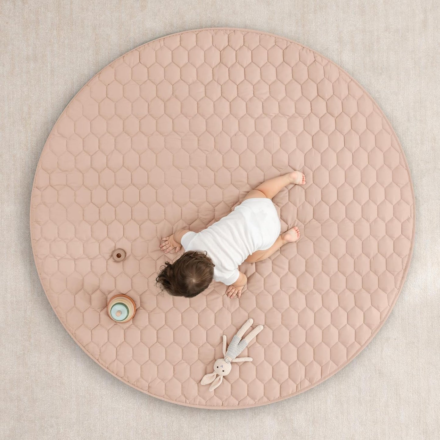 Comfy Cubs Round Kids Play Mat - Large 60 inches Soft Quilted Baby Floor Mat with Non-Slip Bottom - Plush Design for Toddlers' Playtime and Relaxation - Comfortable and Durable - Blush