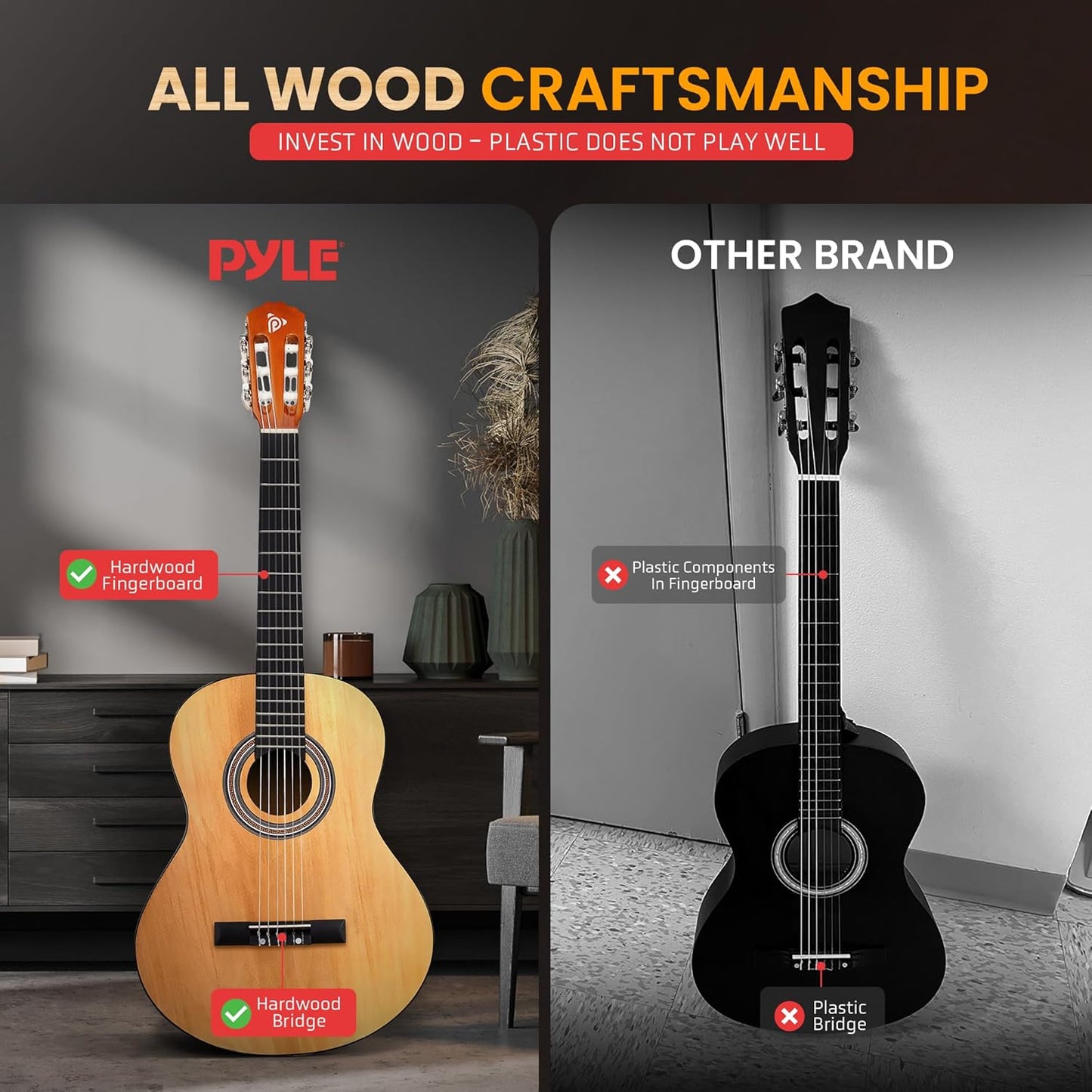 Pyle Left Handed Beginner Acoustic Guitar Kit, 4/4 Full Size All Wood Build Nylon String Instrument with Capo, Strap, Extra String Set, Gig Bag, Guitars for Beginners Adults Youth, 39" Natural Gloss