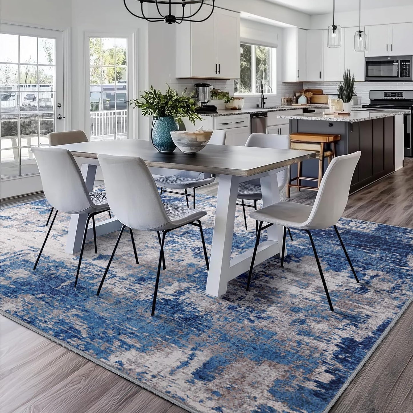 Washable Area Rugs 5'x7' Non-Slip Modern Abstract Soft for Living Room Entryway Bedroom Nursery, Print Pattern, Blue Grey Navy Gray