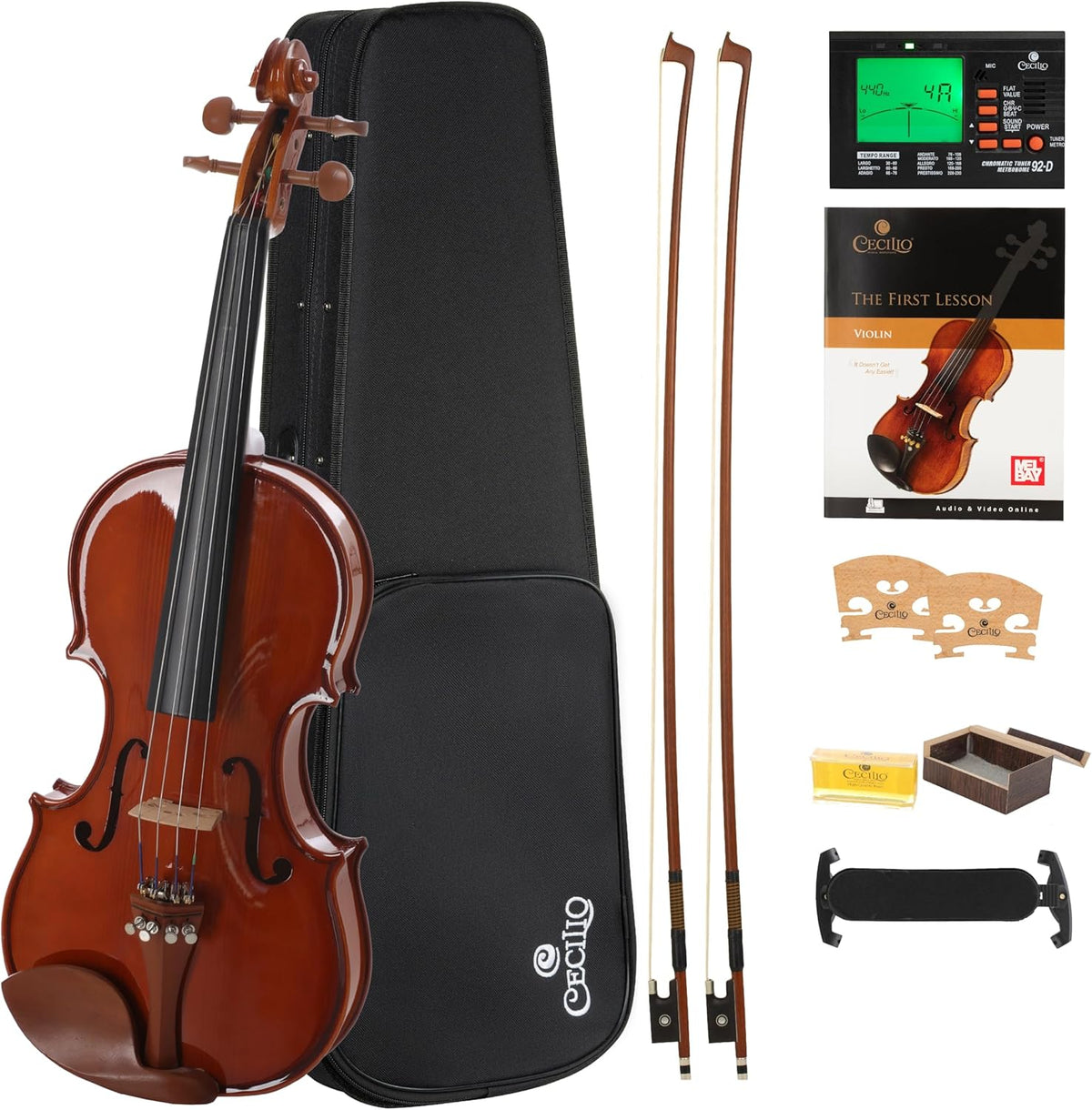 Cecilio 1/4 Violin Solidwood Violin with D'Addario Prelude Strings, Bow, Rosin, Tuner, Shoulder Rest & Lesson Book – Ideal for Beginners