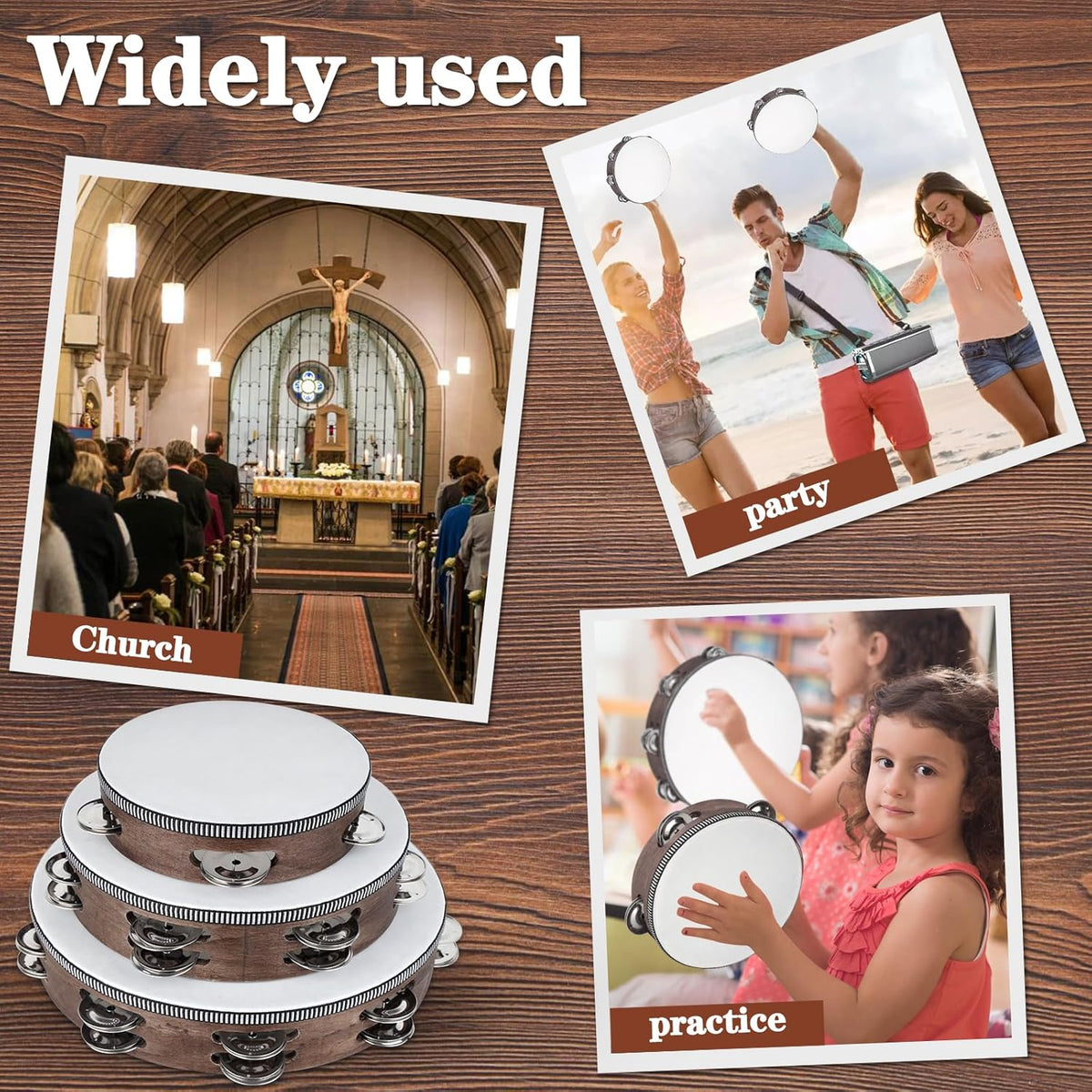 Wooden Hand Held Percussion Tambourine with Storage Bag - 6+8+10 Inches, Ideal for Church, Wedding, Party, Dance, Photo Shoot
