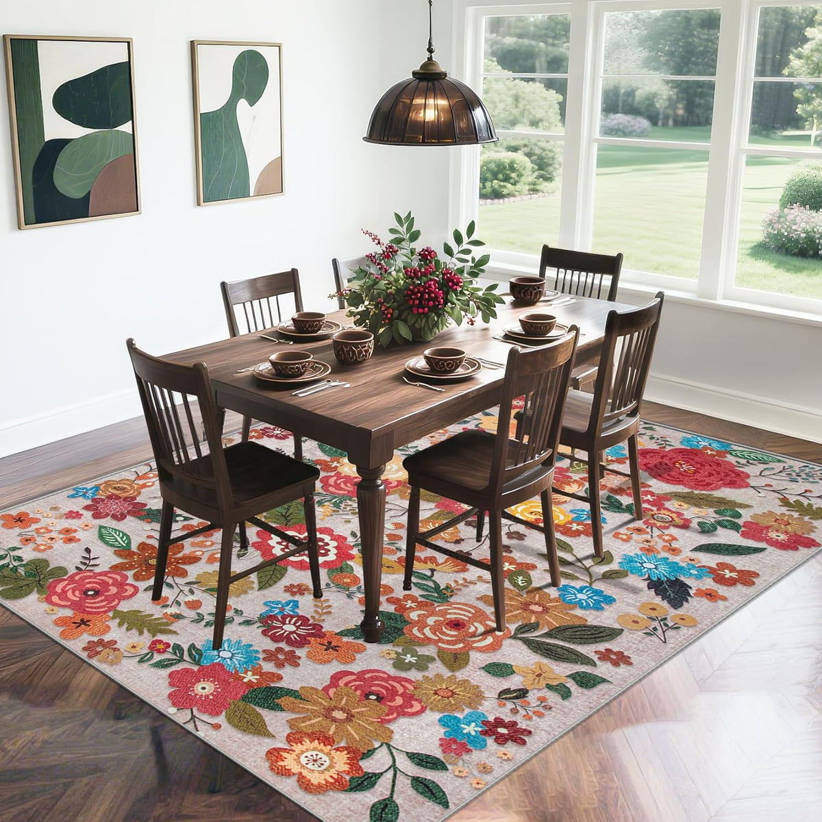 8x10 Area Rug for Living Room: Vintage Floral Washable Rug Soft Boho Non Slip Carpet Large Indoor Floor Non Shedding Low Pile Thin Carpets for Bedroom Dining Room Farmhouse Nursery Home Office Beige