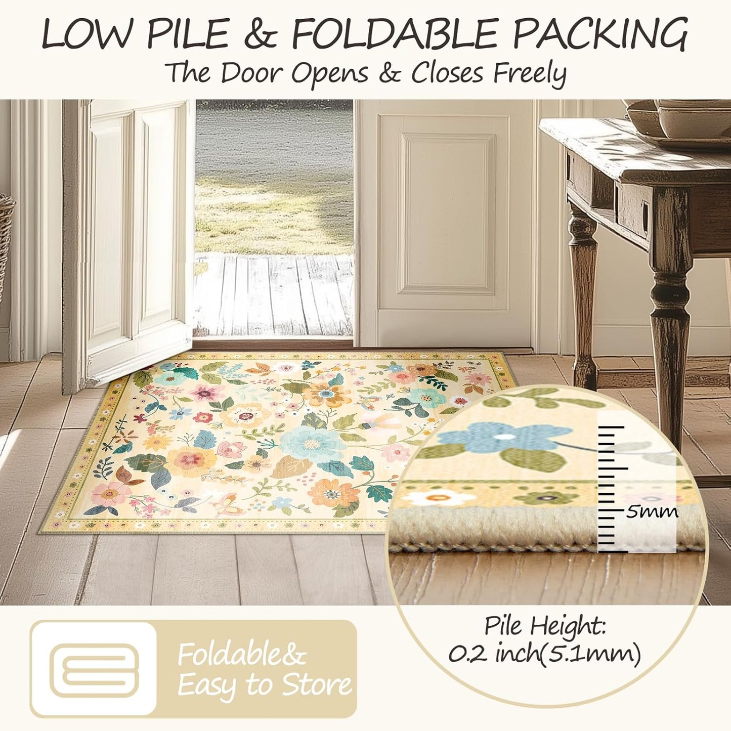 Floral 3x5 Area Rug Machine Washable Soft Print Boho Carpet Non Slip Doormat Low Pile Flower Area Rugs for Living Room Bedroom Nursery Kitchen Dining Room Indoor-Ivory/Yellow