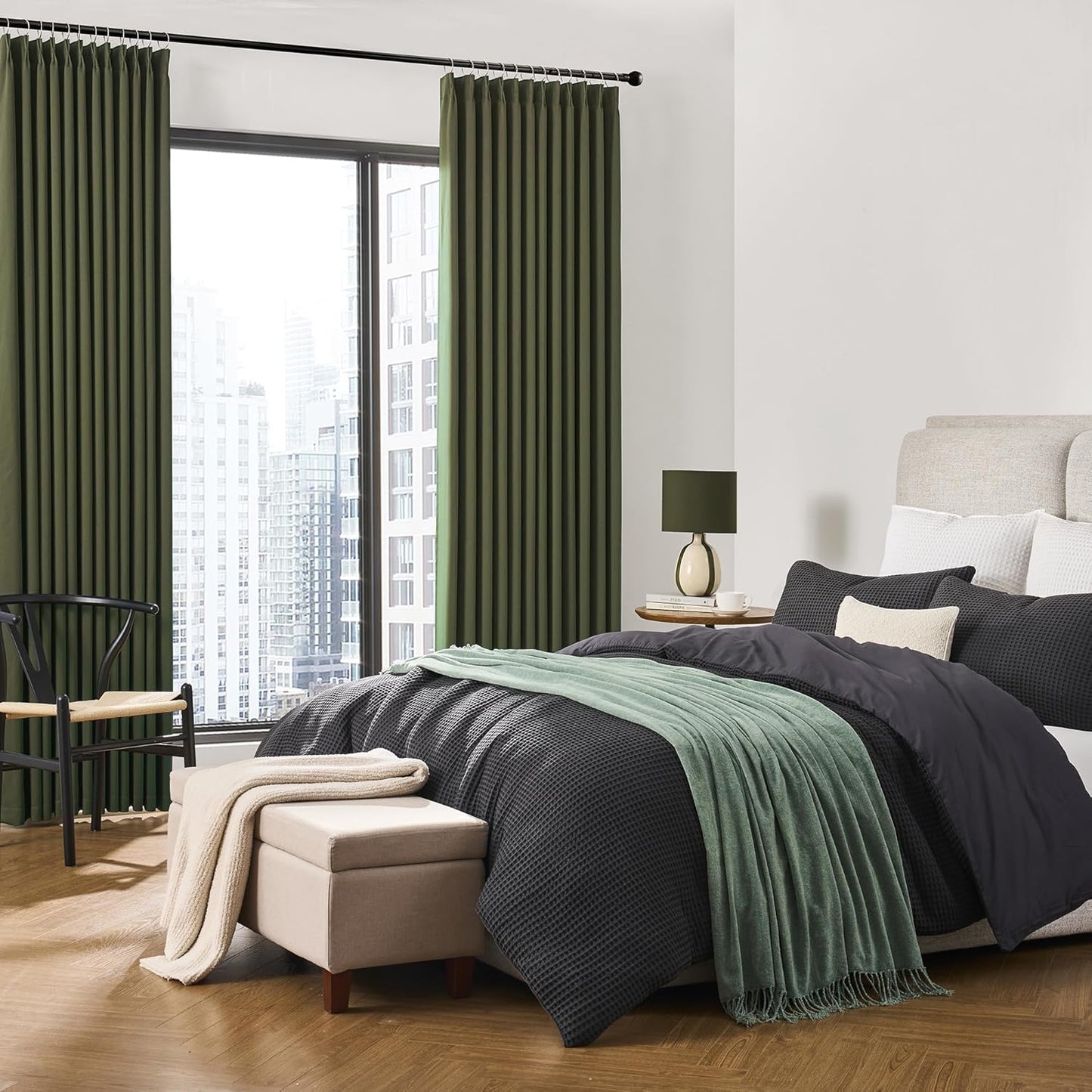 KEQIAOSUOCAI 92 Inch Dark Olive Green Curtains for Bedroom Living Room,Thermal Insulated Dark Out Sound Proof Curtain for Dining Room, Pinch Pleated for Traverse Rods 40x92-2 PCs